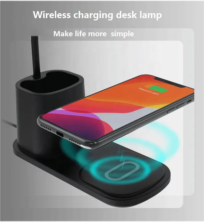 الحديثة مرنة حامل قلم لمبة مكتب مع شاحن  . Modern Flexible Pen Holder Desk Lamp with Wireless