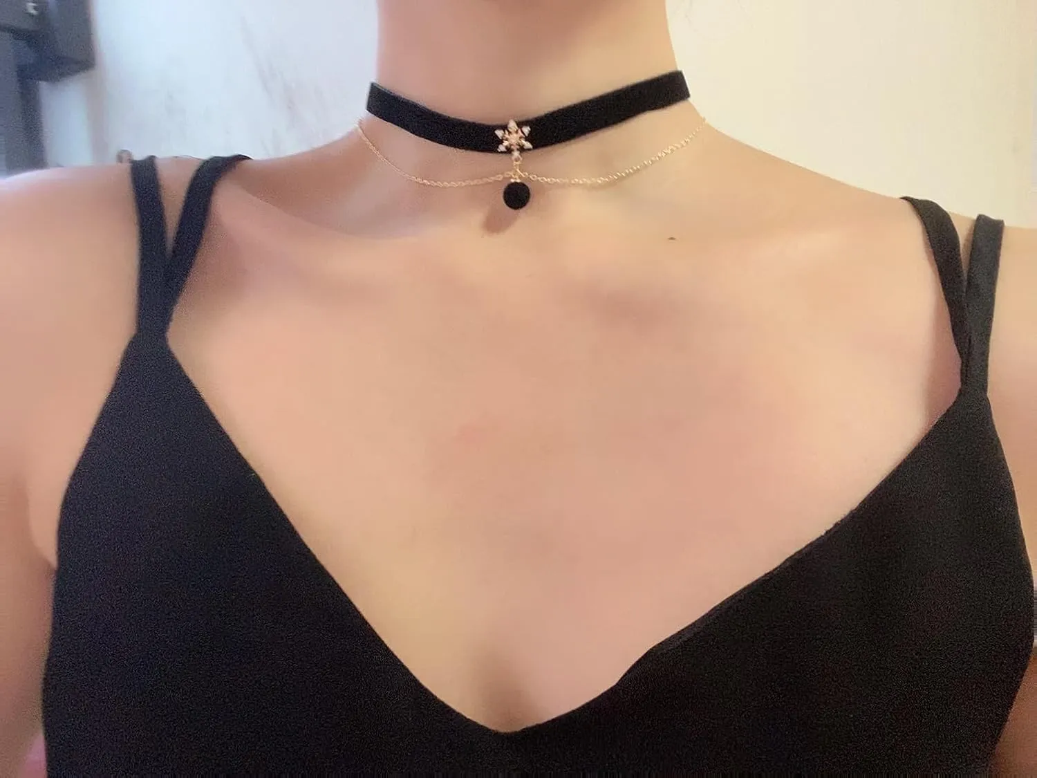 14K Gold Plated Snowflake Black Velvet Ball Double Layered Choker Necklace for Women Goth Chockers 90s Y2k Chokers Holiday Necklaces for Women