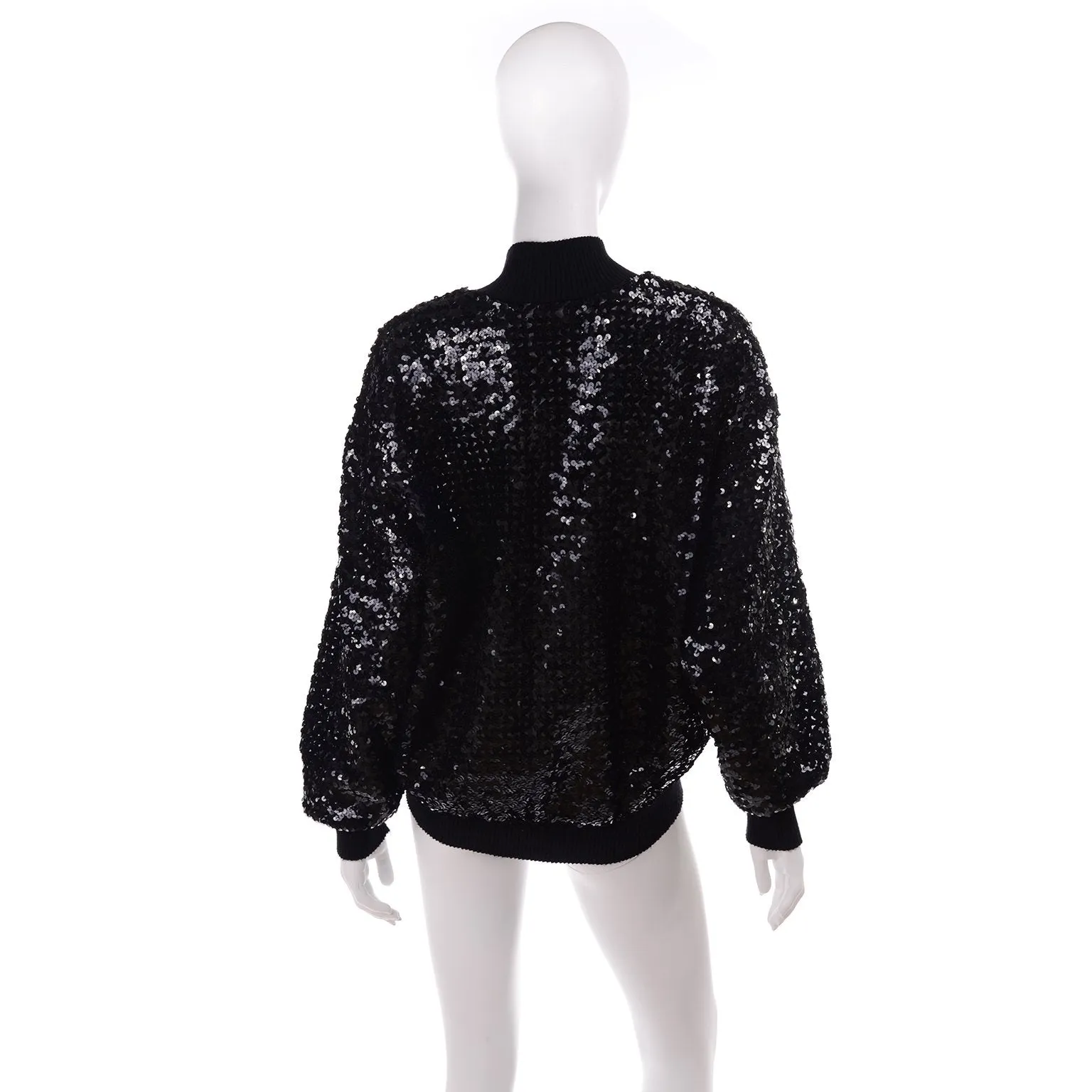 1980s Caron Black Sequin Zip Front Bomber Jacket