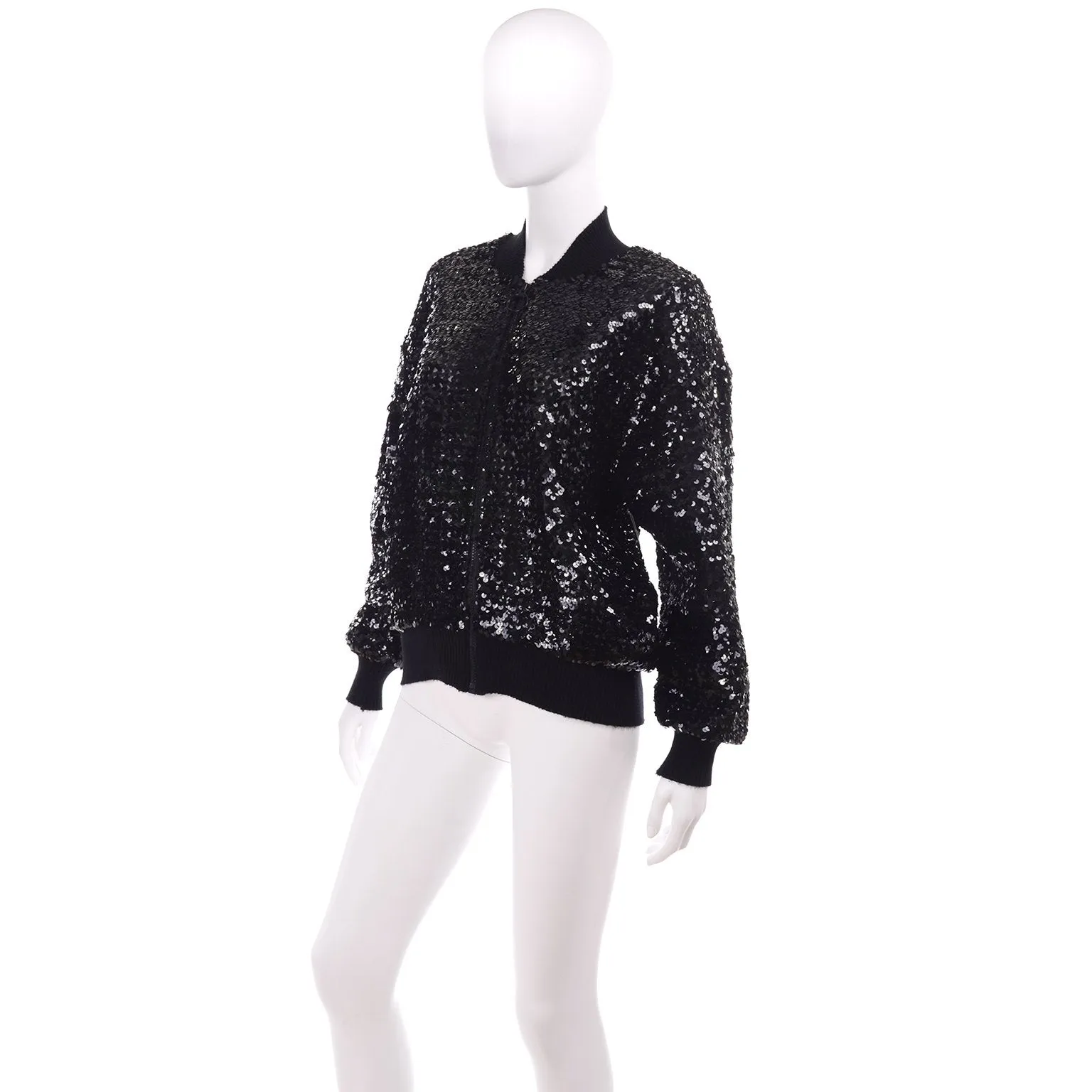 1980s Caron Black Sequin Zip Front Bomber Jacket