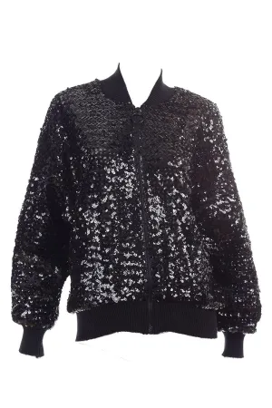 1980s Caron Black Sequin Zip Front Bomber Jacket