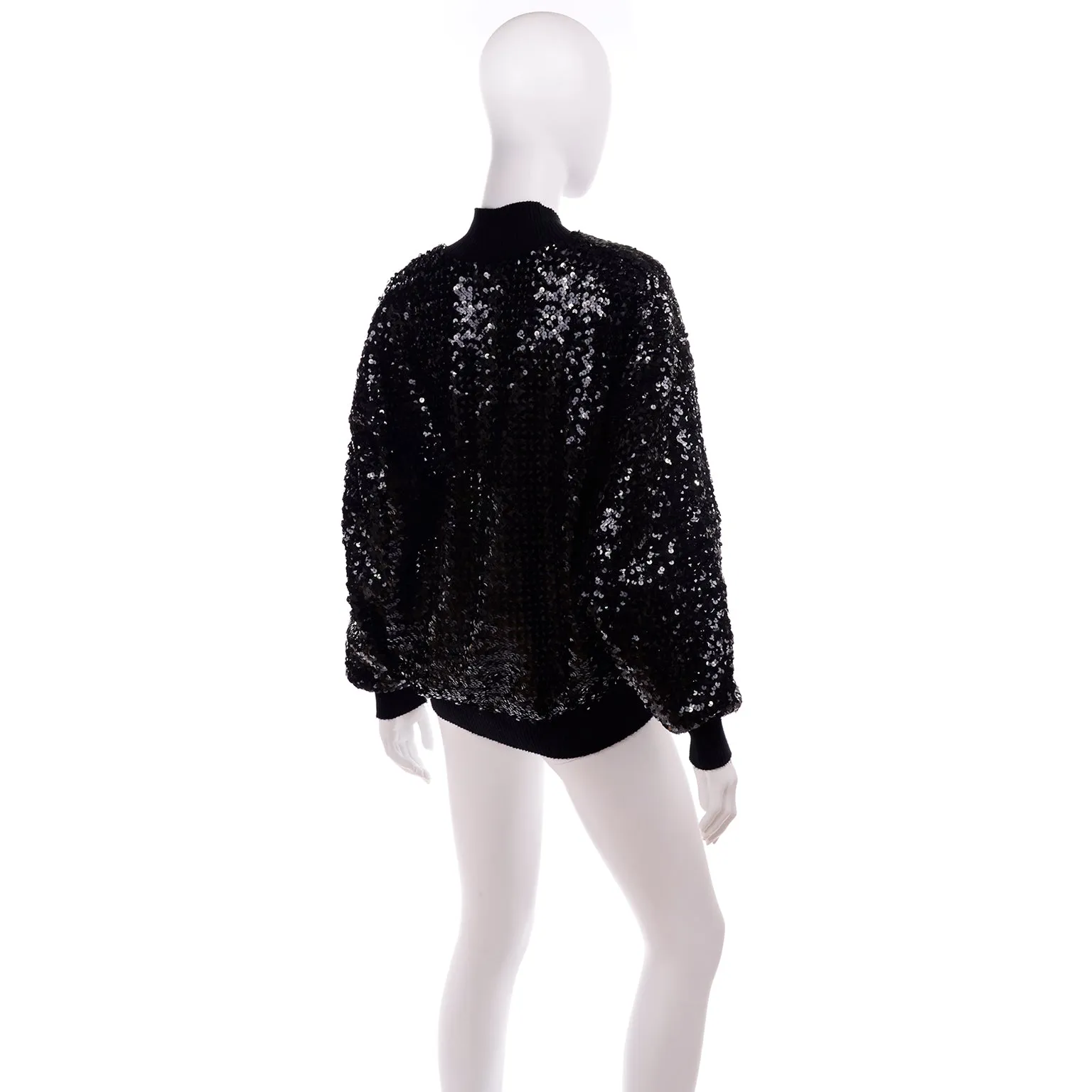 1980s Caron Black Sequin Zip Front Bomber Jacket