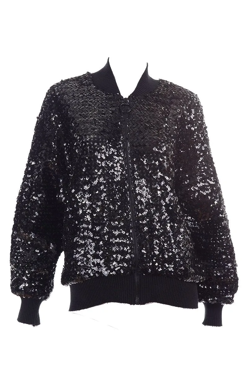 1980s Caron Black Sequin Zip Front Bomber Jacket