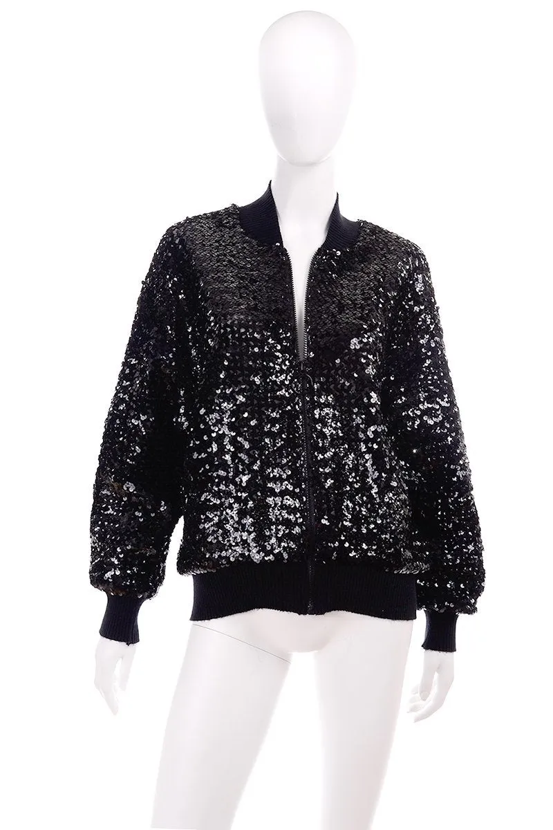 1980s Caron Black Sequin Zip Front Bomber Jacket