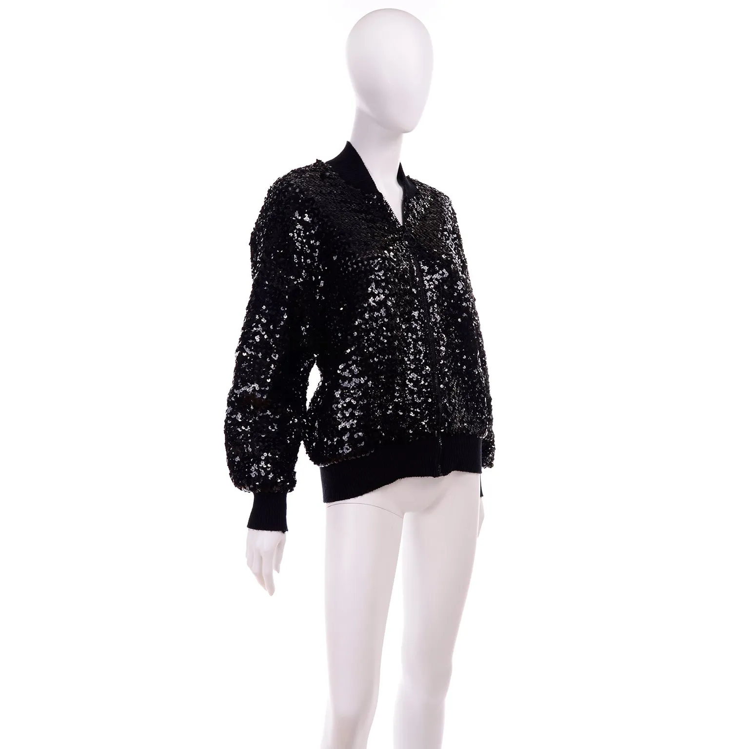1980s Caron Black Sequin Zip Front Bomber Jacket
