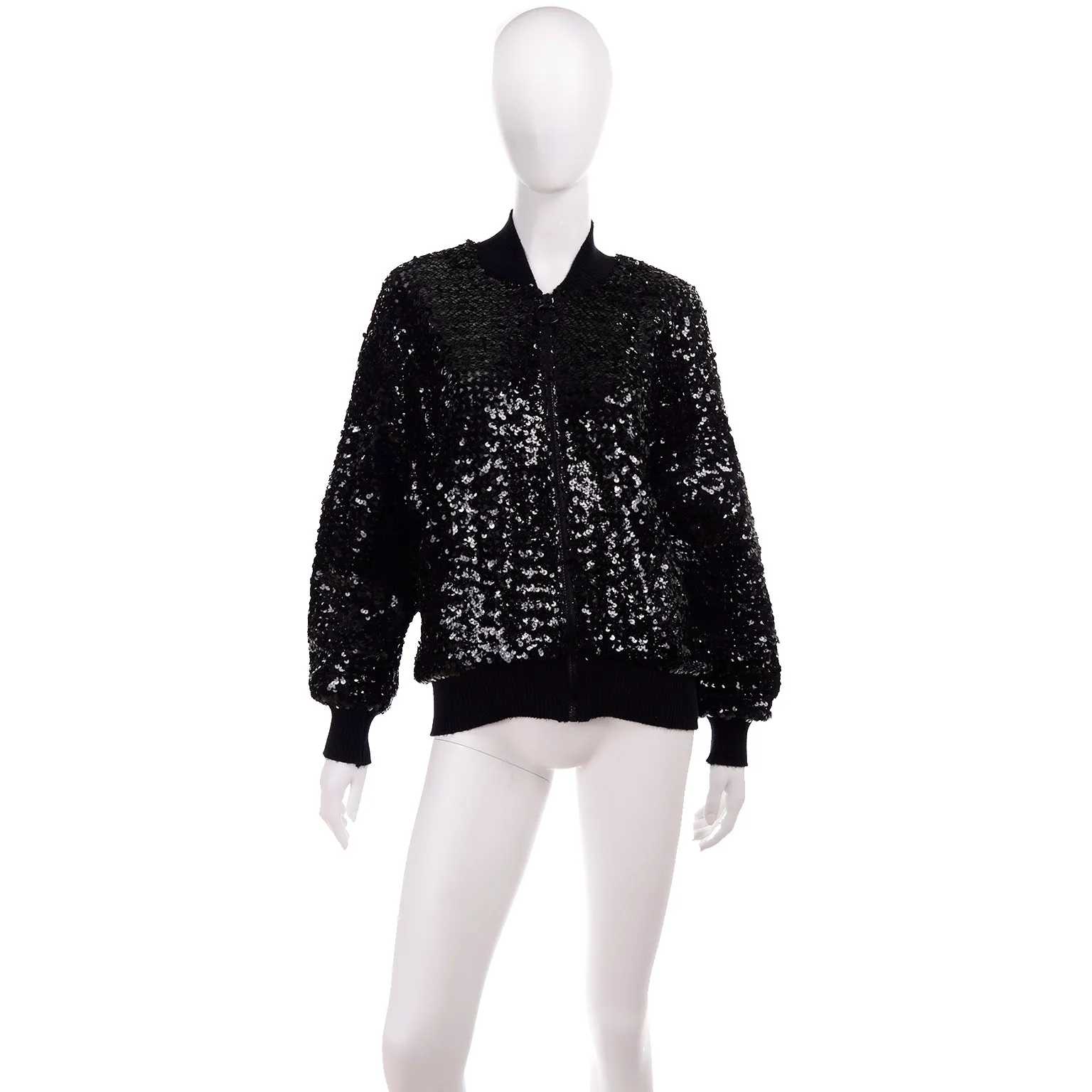 1980s Caron Black Sequin Zip Front Bomber Jacket