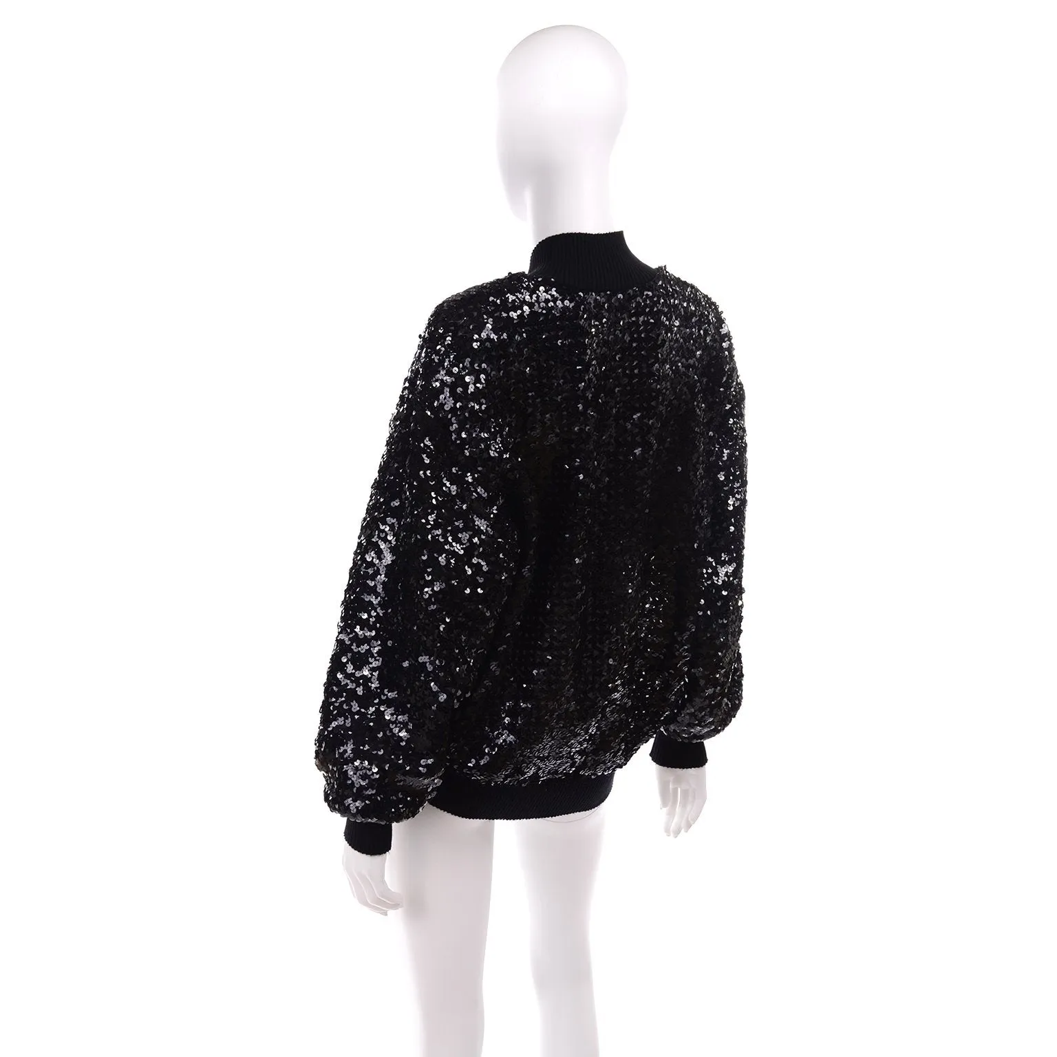 1980s Caron Black Sequin Zip Front Bomber Jacket