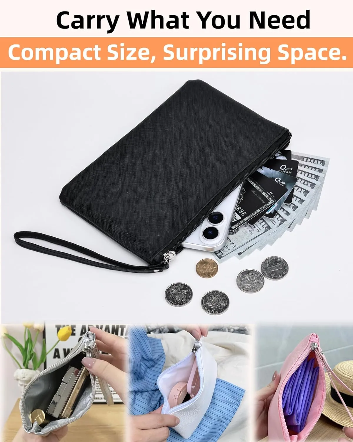 2 Pack Small Zipper Pouch Mini Makeup Bag for Purse Lipstick Cosmetic Travel Make Up Organizer for Women Essentials Feminine Products, Car Change Coin Holder 8x5 Phone Wristlet Wallet, Black, Pink