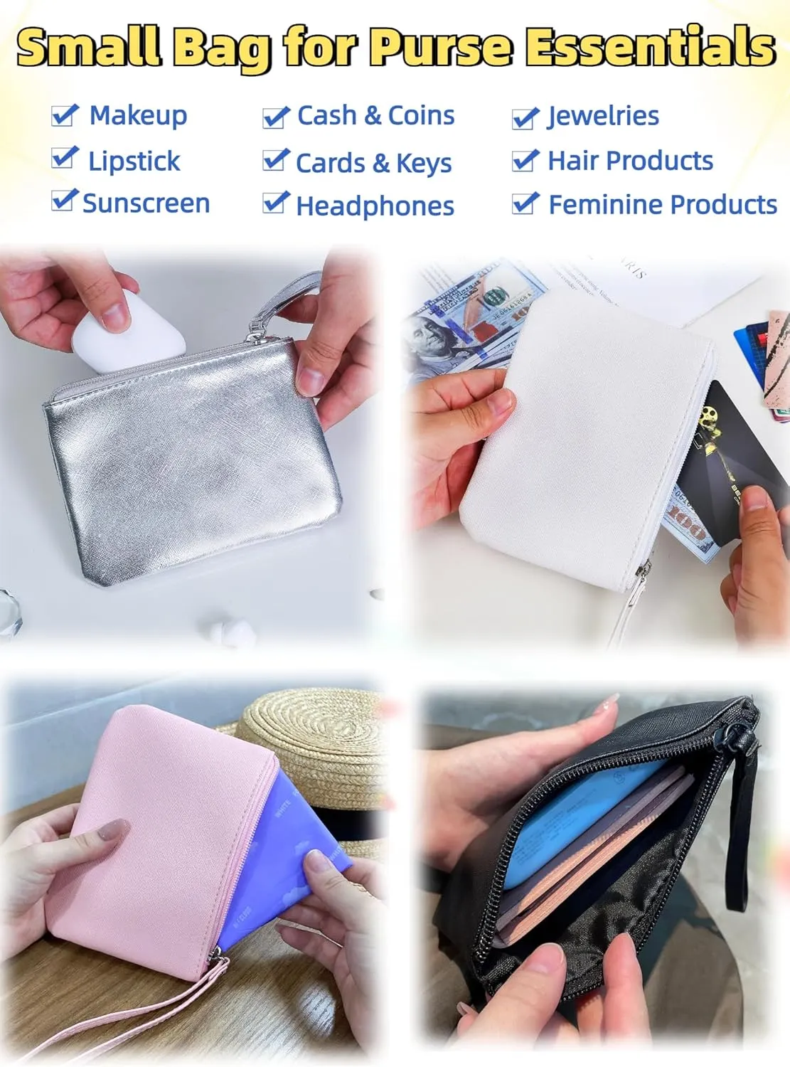 2 Pack Small Zipper Pouch Mini Makeup Bag for Purse Lipstick Cosmetic Travel Make Up Organizer for Women Essentials Feminine Products, Car Change Coin Holder 8x5 Phone Wristlet Wallet, Black, Pink