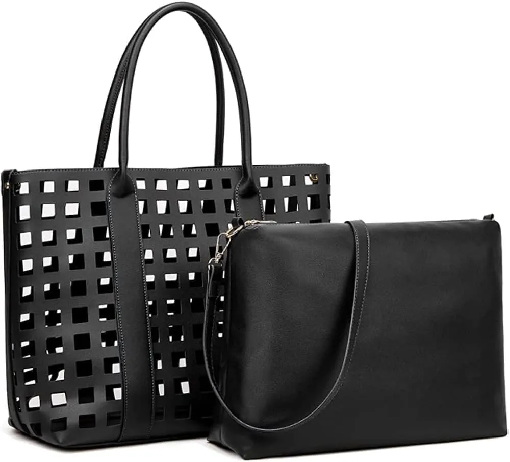 2 Pcs Handbags for Women Tote Bags Purses Set Faux Leather Satchel Hollowed Out Bag Large Capacity Shoulder Bag