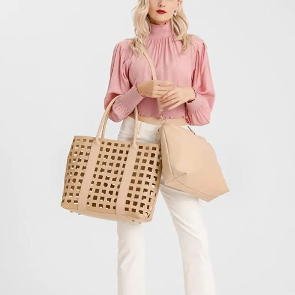 2 Pcs Handbags for Women Tote Bags Purses Set Faux Leather Satchel Hollowed Out Bag Large Capacity Shoulder Bag