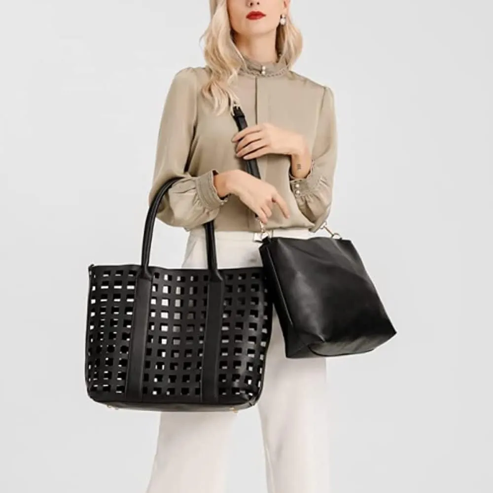 2 Pcs Handbags for Women Tote Bags Purses Set Faux Leather Satchel Hollowed Out Bag Large Capacity Shoulder Bag