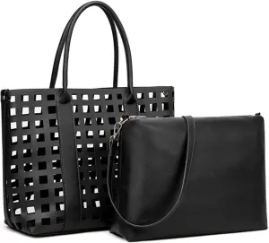 2 Pcs Handbags for Women Tote Bags Purses Set Faux Leather Satchel Hollowed Out Bag Large Capacity Shoulder Bag