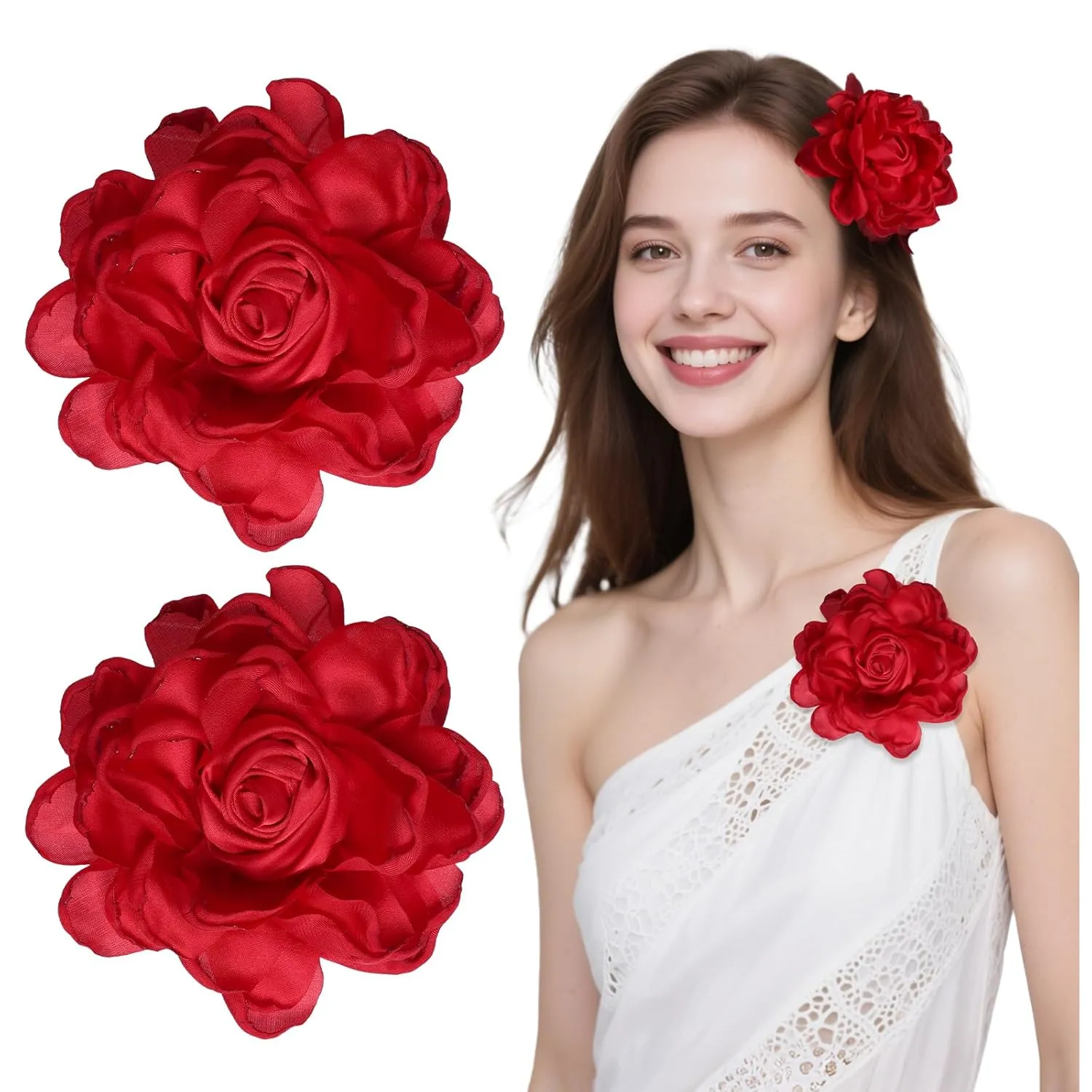 2 Pcs Rose Flower Hair Clip Big Brooches Lapel Pins Satin Floral Brooches Pin Clips for Women Wedding Party Banquet Dress Suit Dance Clothes Accessories Jewelry Gifts (Red)