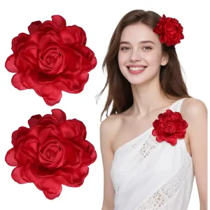 2 Pcs Rose Flower Hair Clip Big Brooches Lapel Pins Satin Floral Brooches Pin Clips for Women Wedding Party Banquet Dress Suit Dance Clothes Accessories Jewelry Gifts (Red)