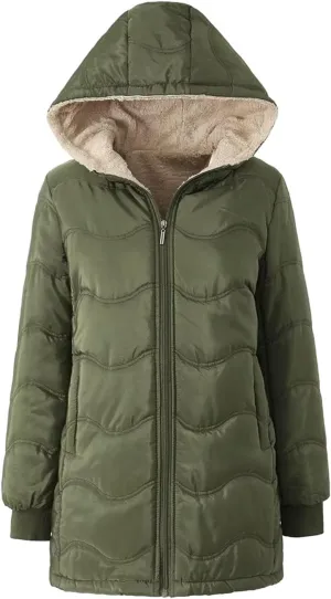 2024 Winter Solid Zipper Jacket Coat for Womens Casual Long Sleeve Overcoat with Hood Warm Fitted Outdoor Fleece Coat