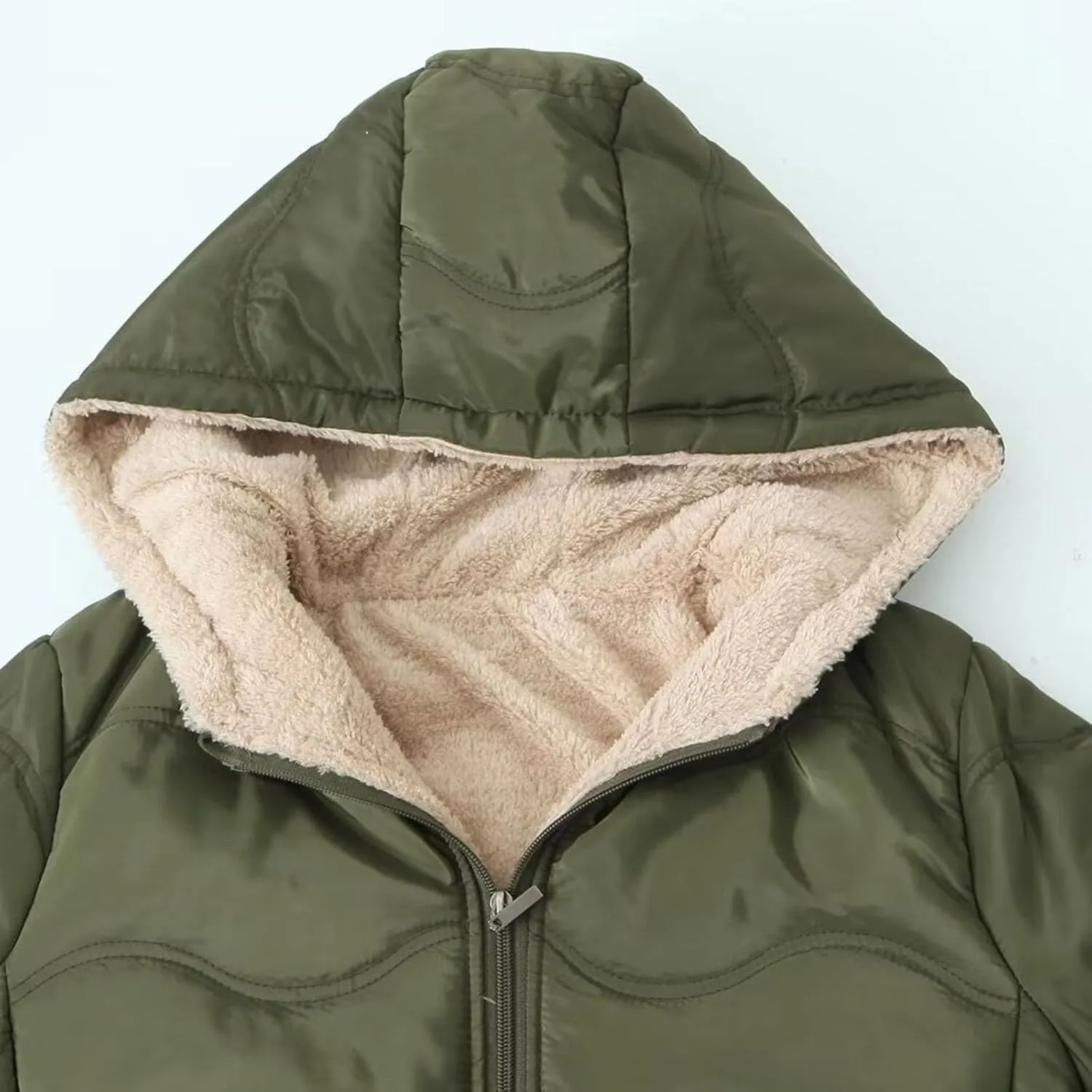 2024 Winter Solid Zipper Jacket Coat for Womens Casual Long Sleeve Overcoat with Hood Warm Fitted Outdoor Fleece Coat