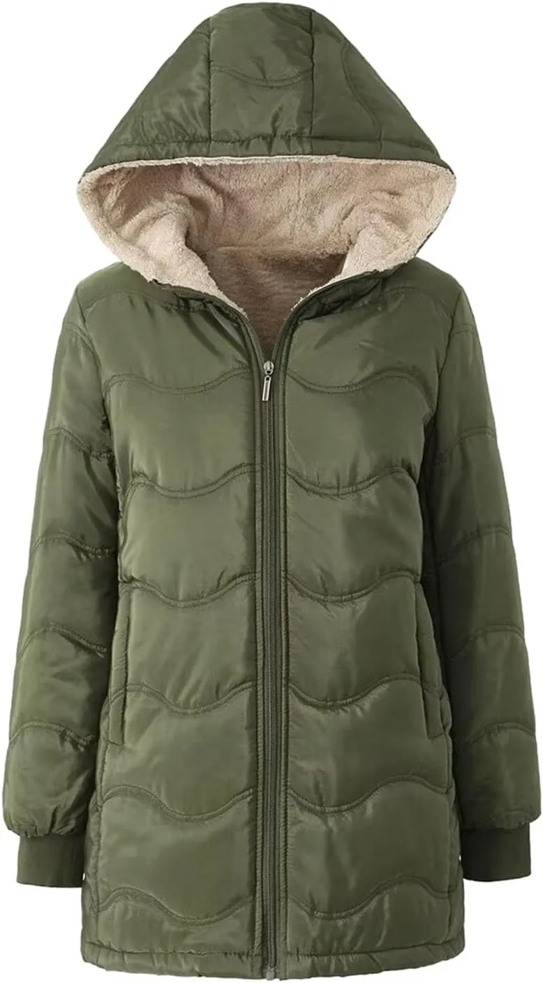 2024 Winter Solid Zipper Jacket Coat for Womens Casual Long Sleeve Overcoat with Hood Warm Fitted Outdoor Fleece Coat