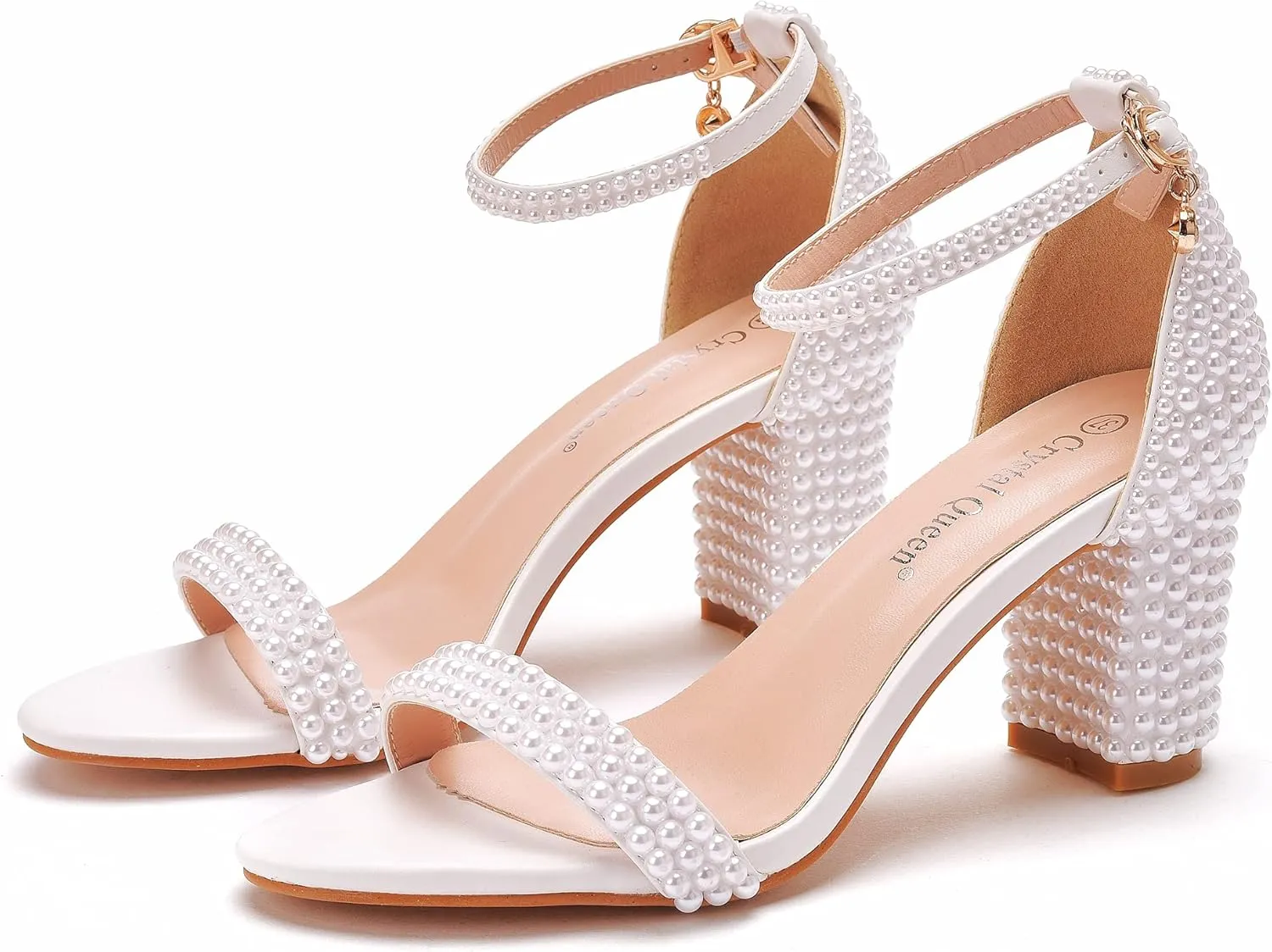 3 Inches Block Heel Sandals WomenThick Chunky Heels Peep Toe Wedding Sandals Full Pearls White Lace Sandals for Wedding Party Birthday and Evening Shoes