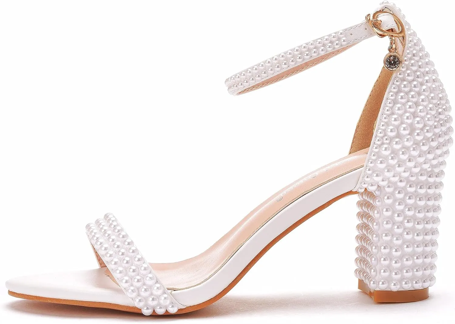 3 Inches Block Heel Sandals WomenThick Chunky Heels Peep Toe Wedding Sandals Full Pearls White Lace Sandals for Wedding Party Birthday and Evening Shoes