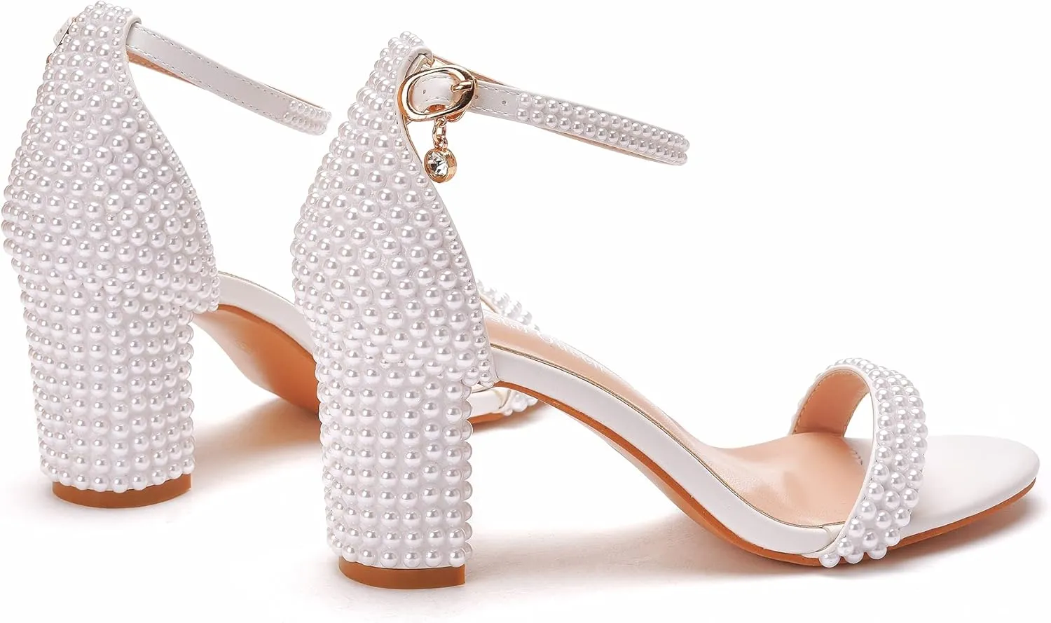 3 Inches Block Heel Sandals WomenThick Chunky Heels Peep Toe Wedding Sandals Full Pearls White Lace Sandals for Wedding Party Birthday and Evening Shoes