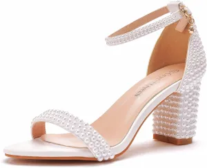 3 Inches Block Heel Sandals WomenThick Chunky Heels Peep Toe Wedding Sandals Full Pearls White Lace Sandals for Wedding Party Birthday and Evening Shoes