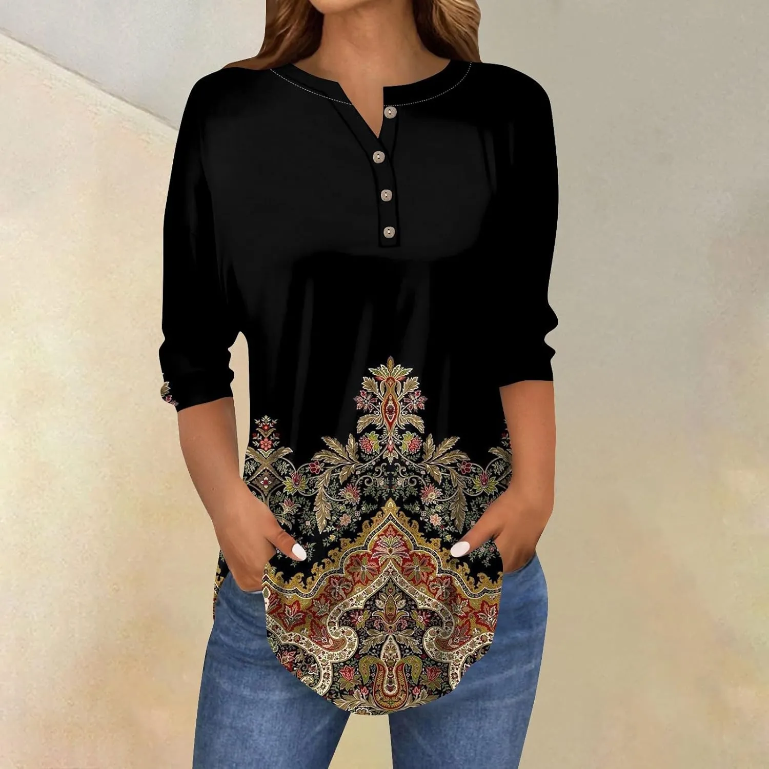 3/4 Length Sleeve Womens Tops 2025 Spring Summer Henley Neck Trendy Shirts Loose Fit Dressy Casual Blouses