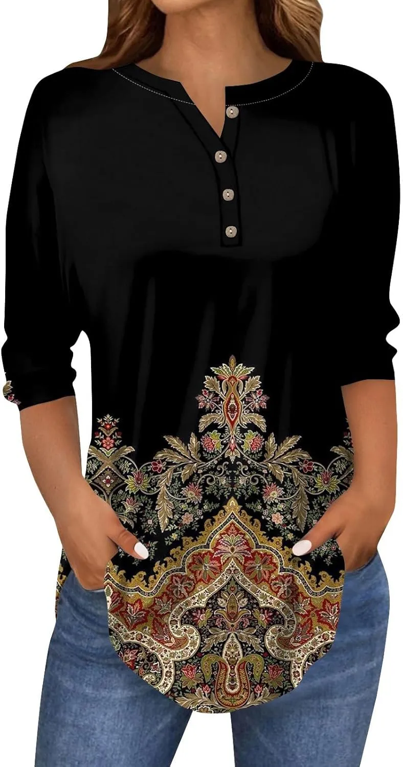 3/4 Length Sleeve Womens Tops 2025 Spring Summer Henley Neck Trendy Shirts Loose Fit Dressy Casual Blouses