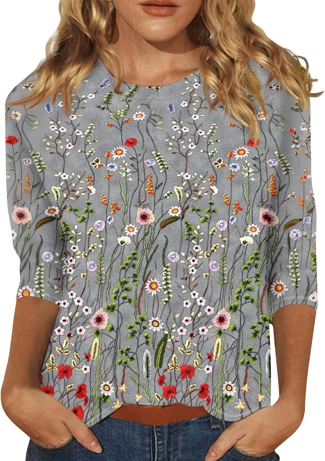 3/4 Length Sleeve Womes Tops Dressy Floral Crew Neck T Shirts Loose Fit Graphic Tees Lightweight Tops Blouses