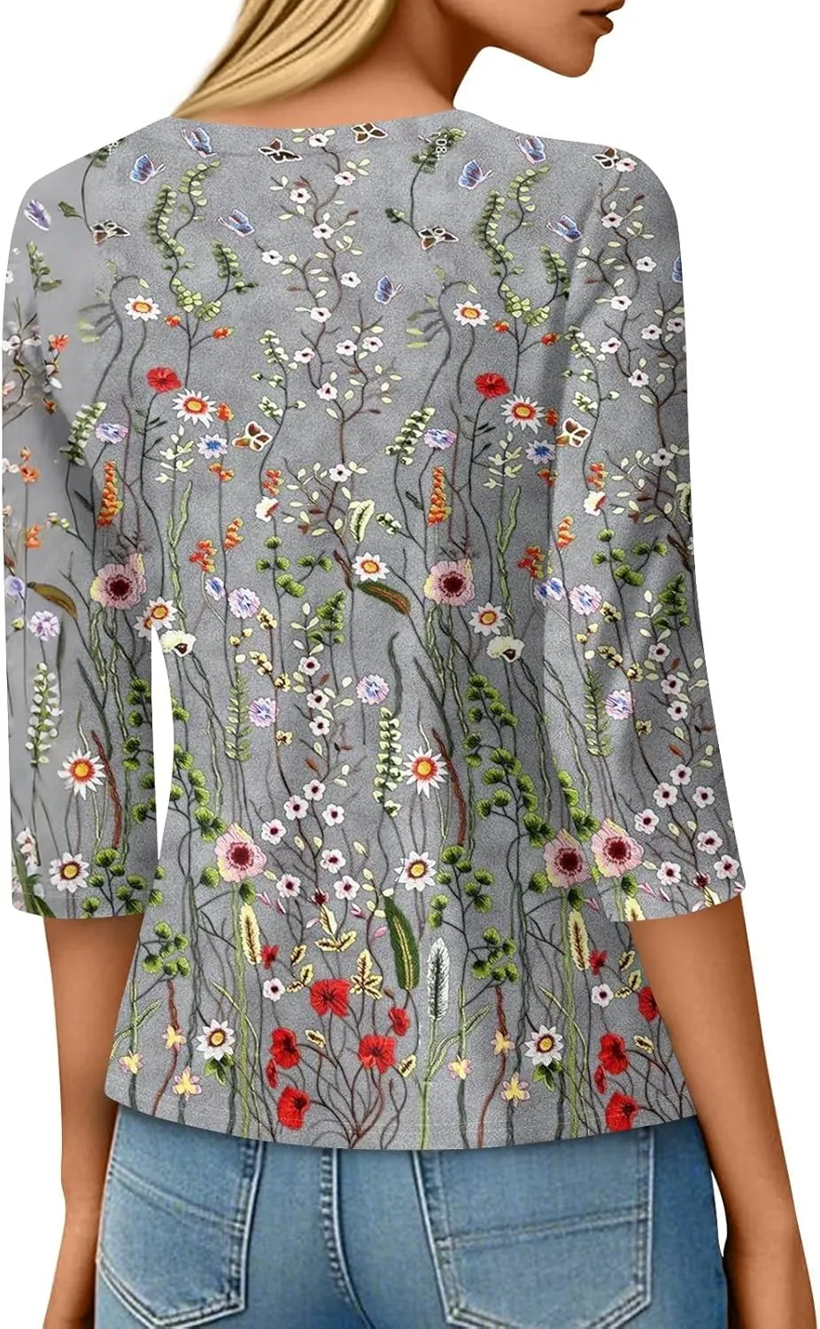 3/4 Length Sleeve Womes Tops Dressy Floral Crew Neck T Shirts Loose Fit Graphic Tees Lightweight Tops Blouses