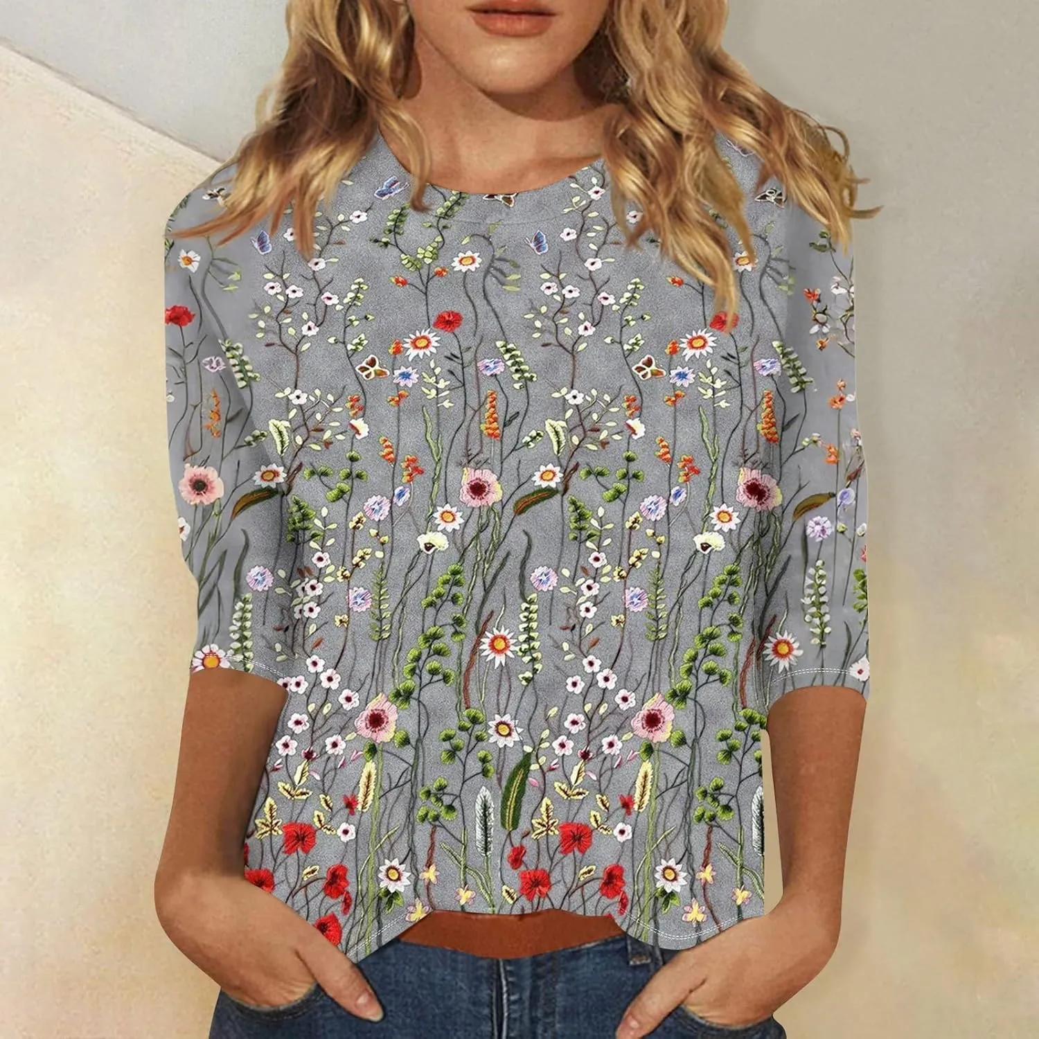 3/4 Length Sleeve Womes Tops Dressy Floral Crew Neck T Shirts Loose Fit Graphic Tees Lightweight Tops Blouses