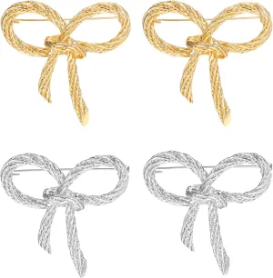 4 Pcs Elegant Silver Gold Bow Brooch Pin for Women, Vintage Sparkly Brooches Pins Beautiful Lapel Pins Dress Suit Shirt Ceremony Clothes Accessories Jewelry