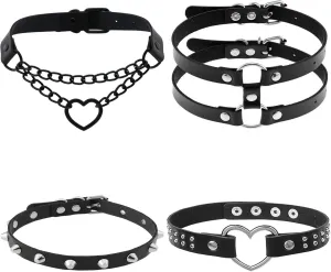 4 Pieces Faux Leather Chokers Collars with Heart Spiked Charms,Punk Goth Emo Black PU Necklace for Womens