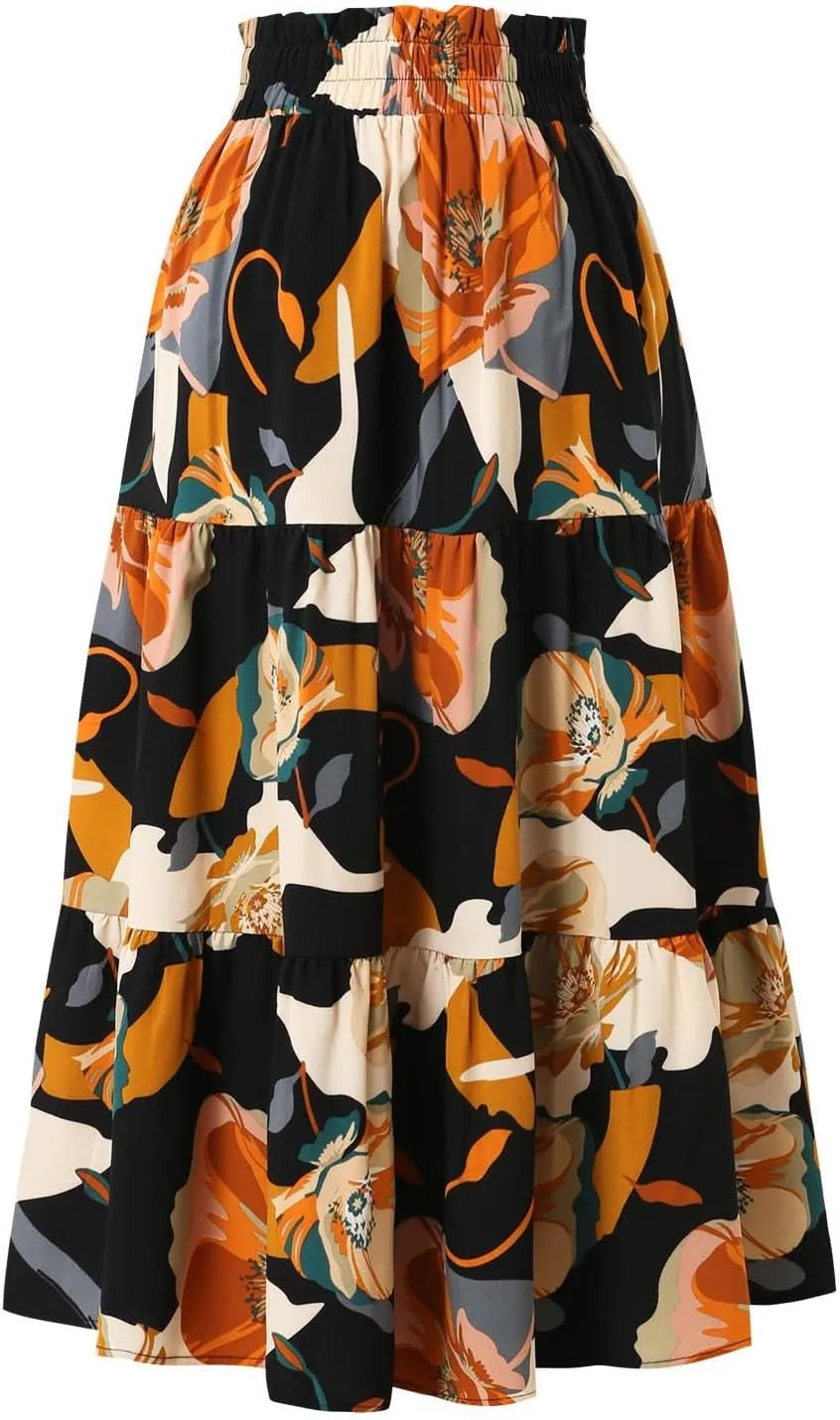 ADHOWBEW Summer Skirts for Women 2025 Pleated Casual Elastic Waist Smocked Boho Floral Trendy Vacation Sexy Flowy Skirt