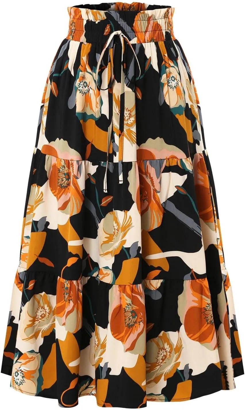 ADHOWBEW Summer Skirts for Women 2025 Pleated Casual Elastic Waist Smocked Boho Floral Trendy Vacation Sexy Flowy Skirt