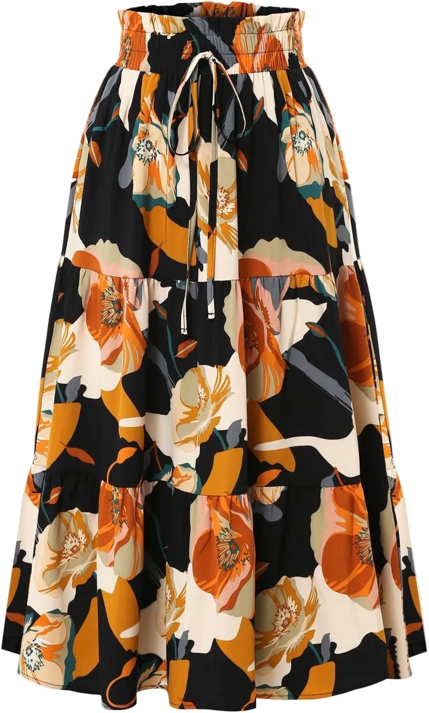 ADHOWBEW Summer Skirts for Women 2025 Pleated Casual Elastic Waist Smocked Boho Floral Trendy Vacation Sexy Flowy Skirt
