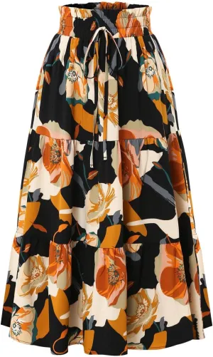 ADHOWBEW Summer Skirts for Women 2025 Pleated Casual Elastic Waist Smocked Boho Floral Trendy Vacation Sexy Flowy Skirt