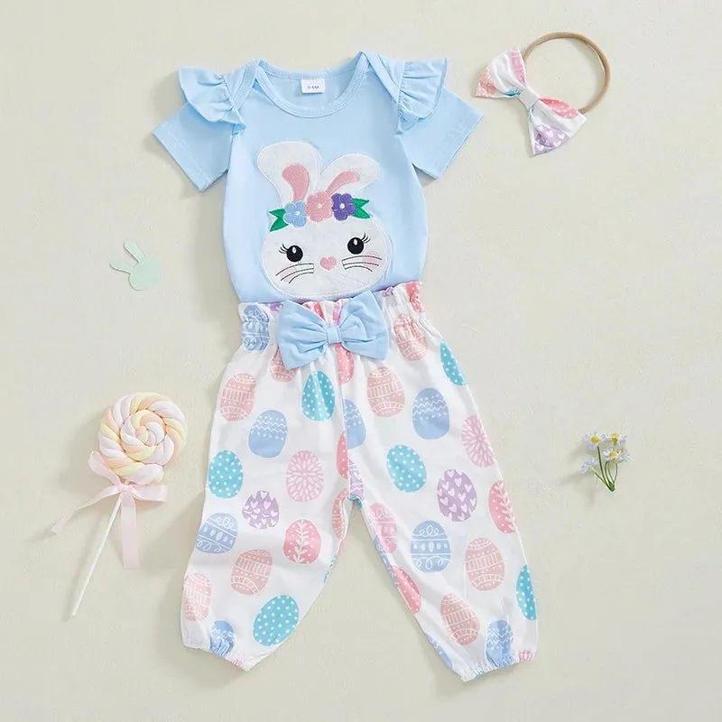 Adorable Infant Easter Outfit with Bunny Applique Ruffled Sleeve Romper Egg Print Pants and Matching Bow Headband