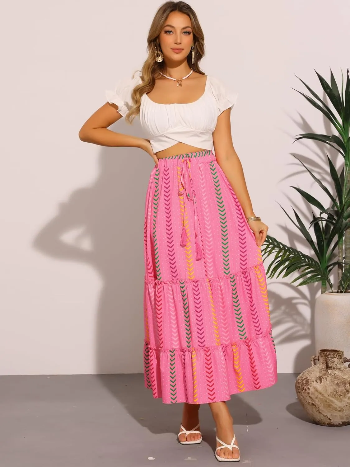 Allegra K Women's Beach Maxi Skirt Tassels Straps Flowy Pattern Tiered Pleated Skirts
