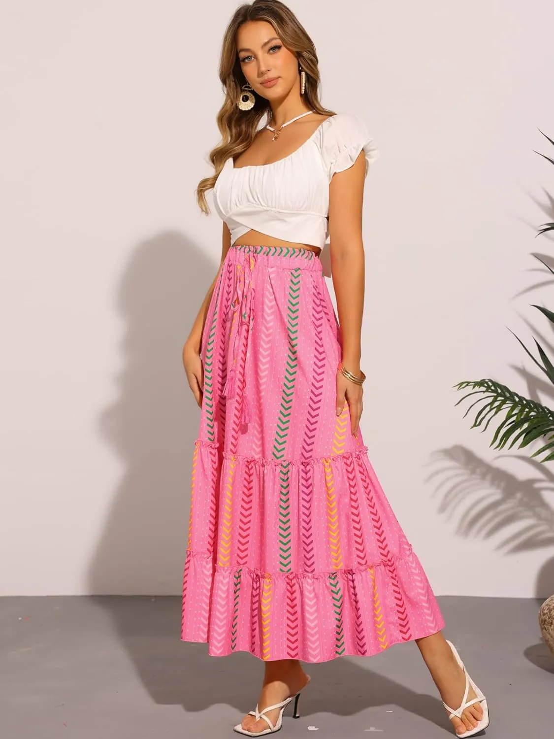 Allegra K Women's Beach Maxi Skirt Tassels Straps Flowy Pattern Tiered Pleated Skirts