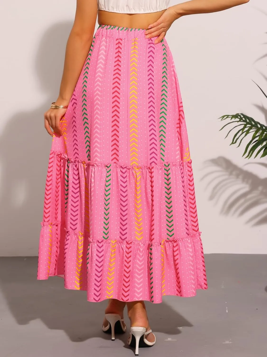 Allegra K Women's Beach Maxi Skirt Tassels Straps Flowy Pattern Tiered Pleated Skirts