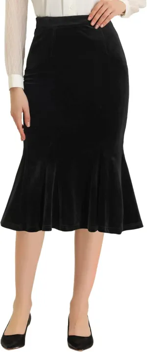 Allegra K Women's Feminine Chic Retro Bodycon Elastic Waist Velvet Fishtail Mermaid Skirt