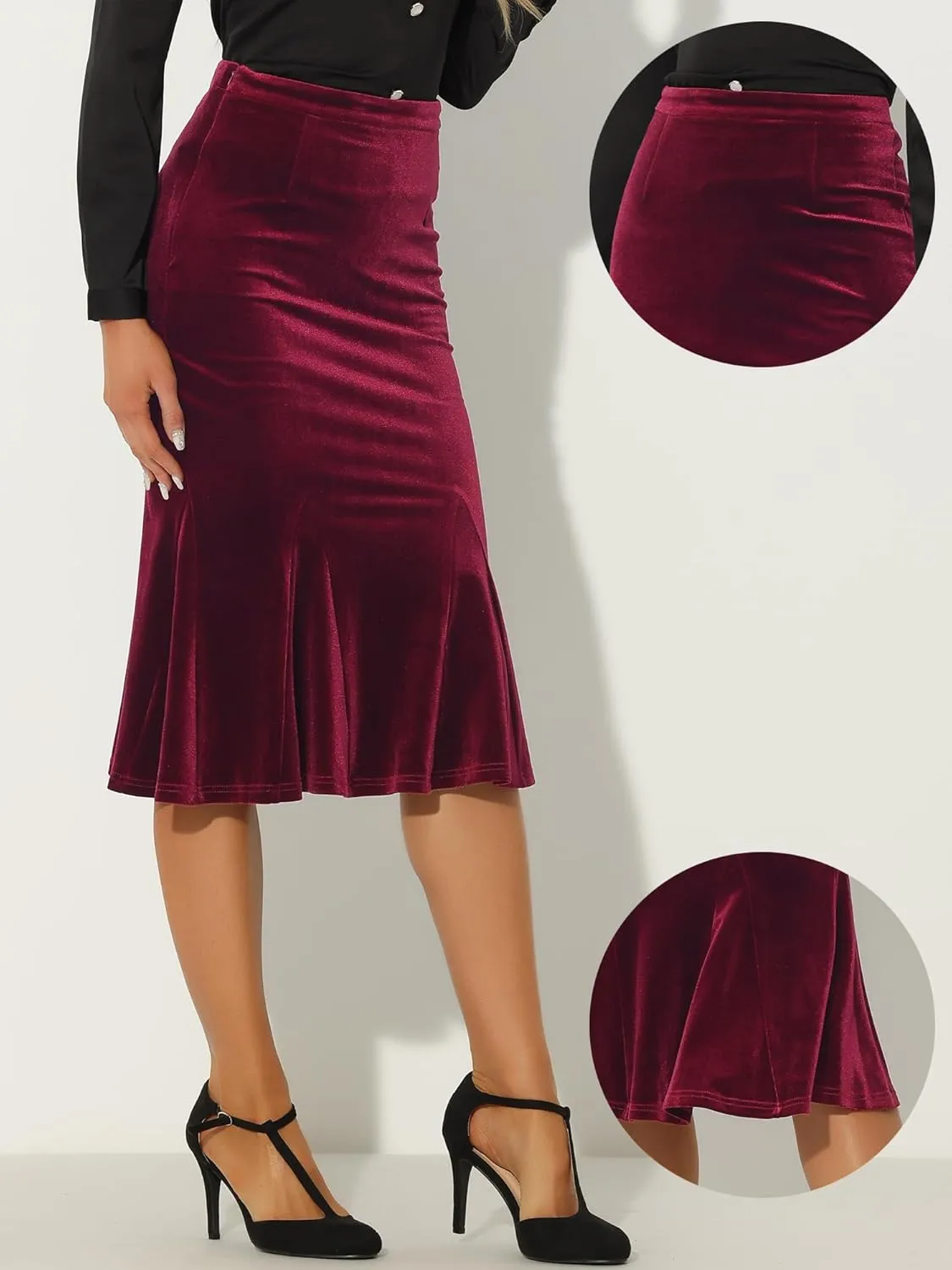 Allegra K Women's Feminine Chic Retro Bodycon Elastic Waist Velvet Fishtail Mermaid Skirt