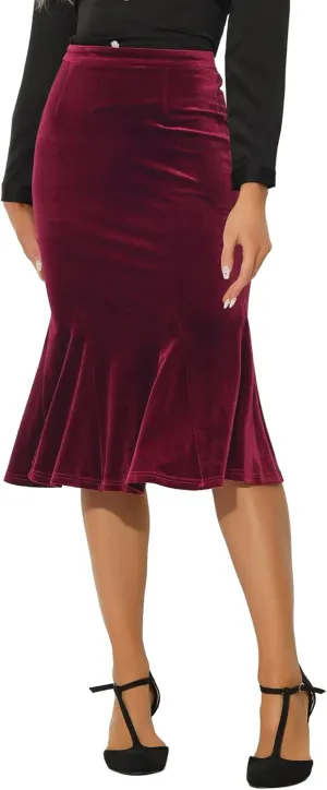 Allegra K Women's Feminine Chic Retro Bodycon Elastic Waist Velvet Fishtail Mermaid Skirt