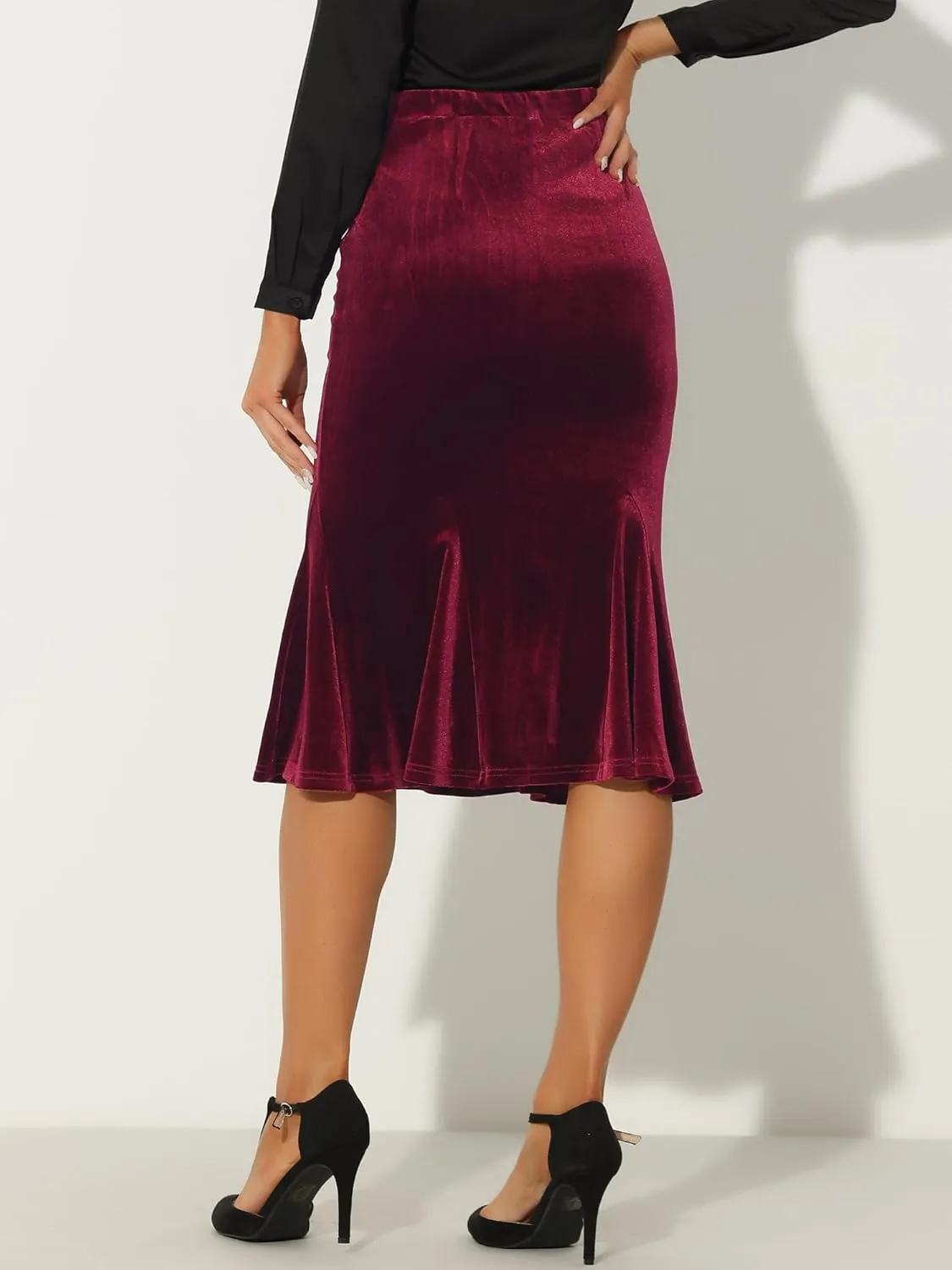 Allegra K Women's Feminine Chic Retro Bodycon Elastic Waist Velvet Fishtail Mermaid Skirt