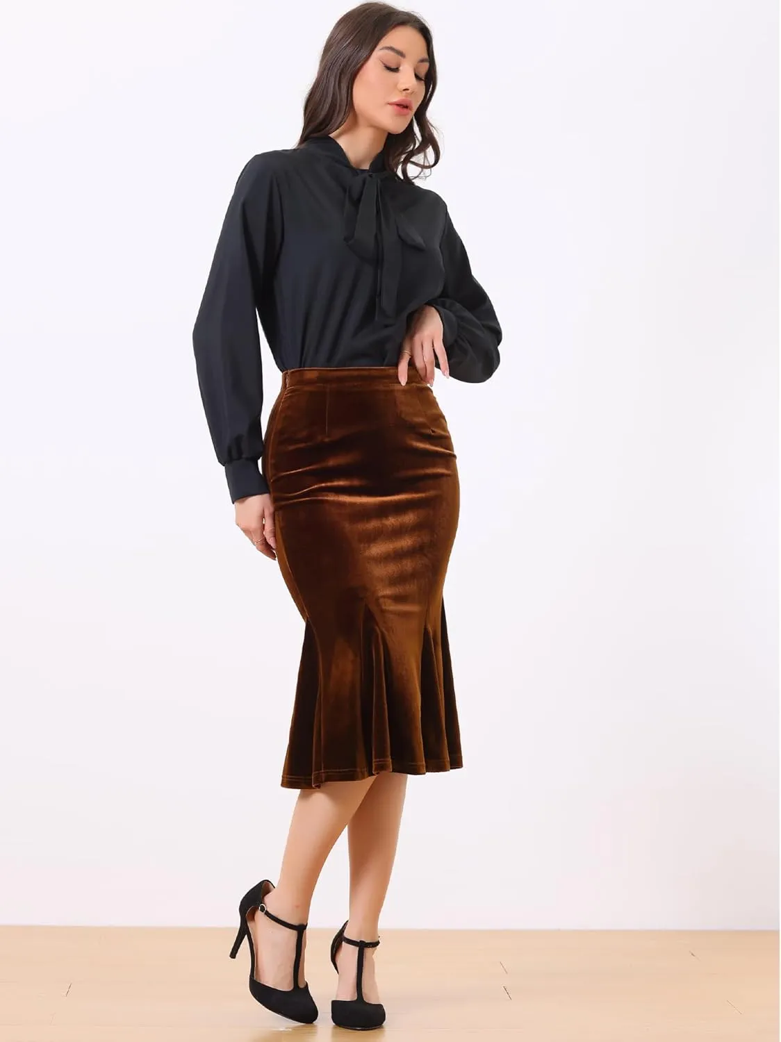 Allegra K Women's Feminine Chic Retro Bodycon Elastic Waist Velvet Fishtail Mermaid Skirt