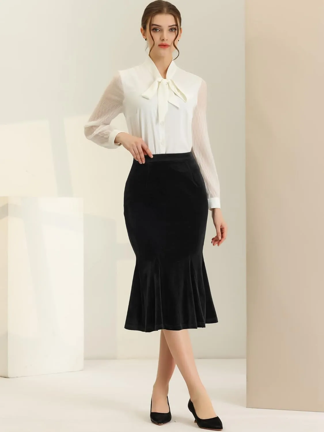 Allegra K Women's Feminine Chic Retro Bodycon Elastic Waist Velvet Fishtail Mermaid Skirt