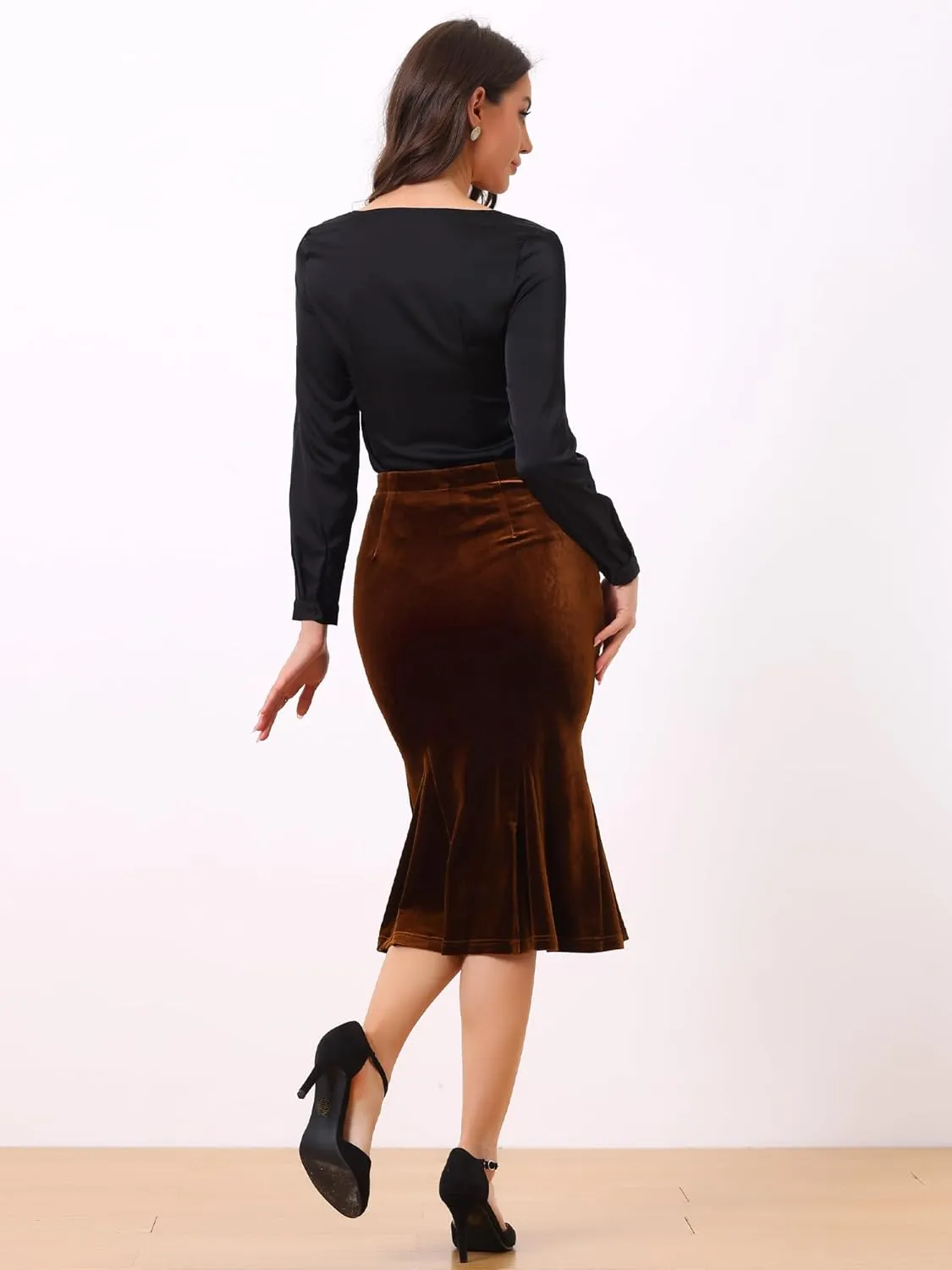Allegra K Women's Feminine Chic Retro Bodycon Elastic Waist Velvet Fishtail Mermaid Skirt