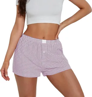 Allmloers Women Y2k Pajamas Shorts Elastic Low Waist Checkered Boxers Shorts Summer Plaid Sleeping Shorts Lounge
