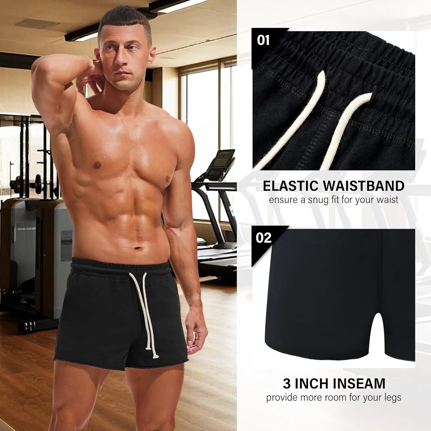 AMY COULEE Mens Workout Shorts 3 inch Cotton Gym Shorts Casual Terry Shorts with Pockets